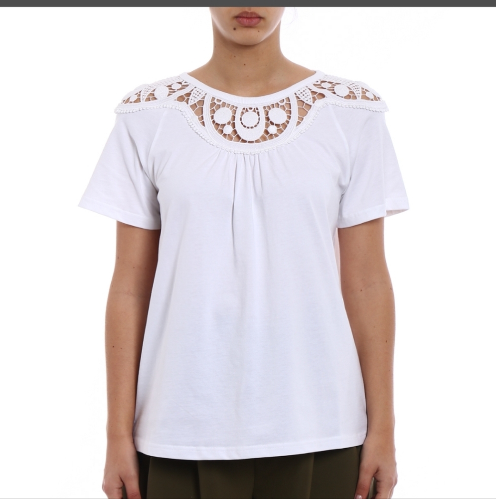 Chloe White Macrame Paneled Boxy 100% Cotton T-Shirt Size XS